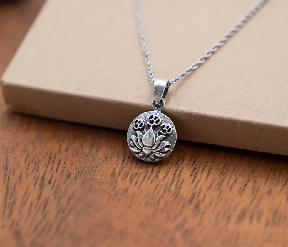 Thumbnail: Lotus Necklace Silver Meditation Jewelry Flower Pendant with OM Symbol Boho
