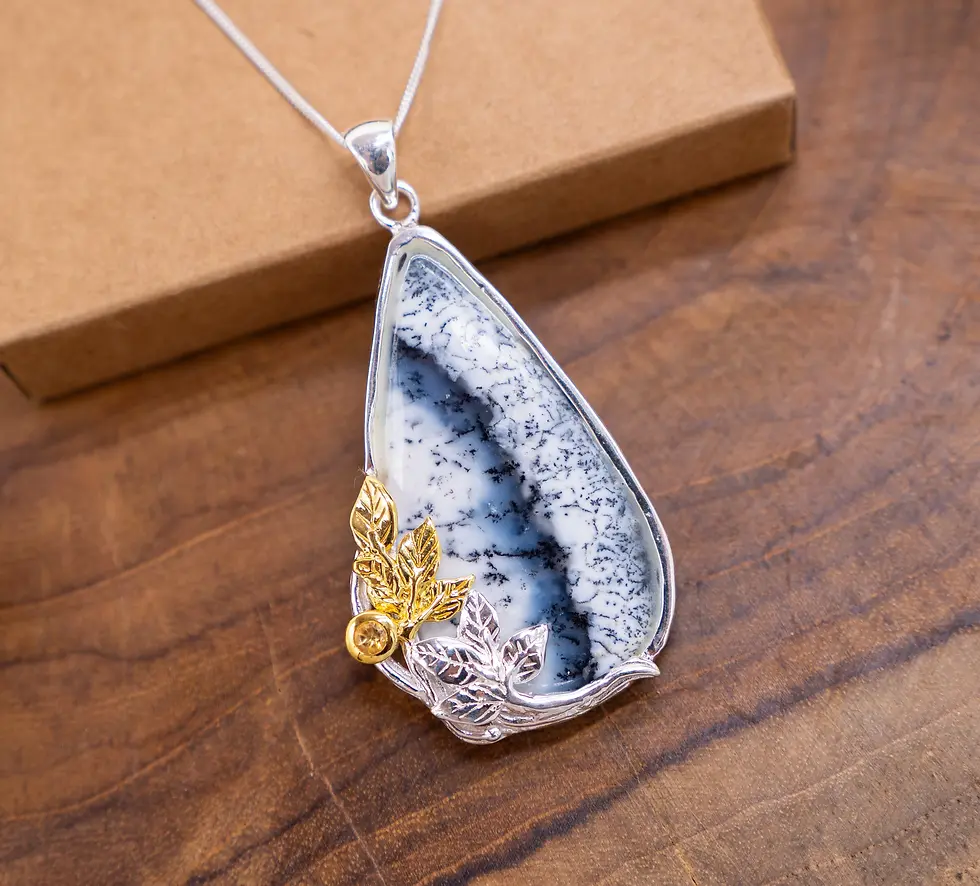 Silver and Gold Leaf Handmade Dendrite Opal pendant, Silver 18K Gold Pendant