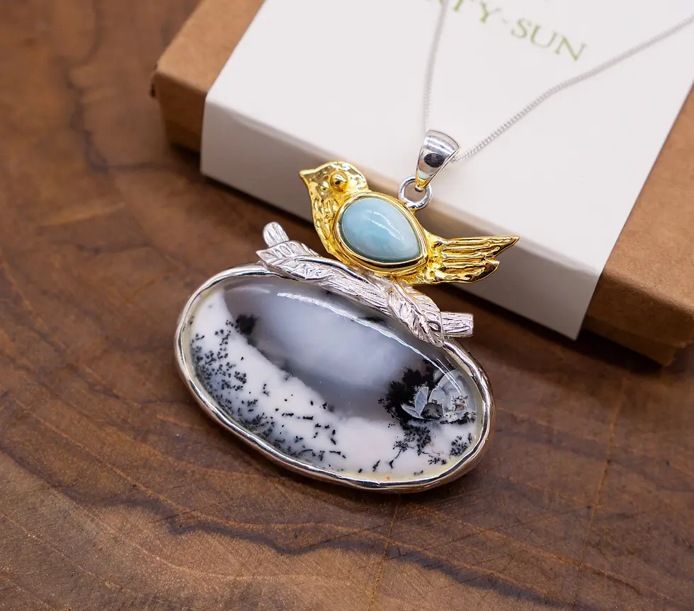 Thumbnail: Gold Dove pendant, Silver Handmade Nature Inspired Dendrite Opal and Larimar