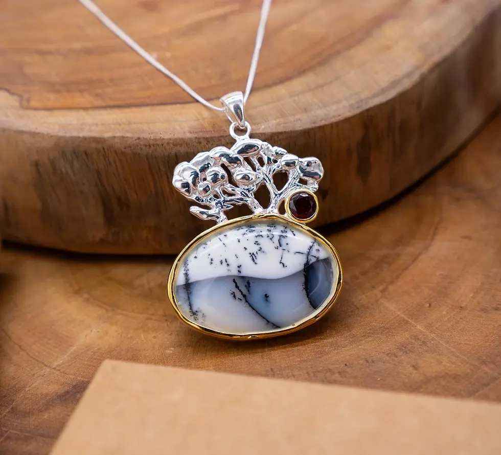 Thumbnail: Dendrite Opal Silver and gold Necklace with Red Garnet, handmade Rare Dendrite