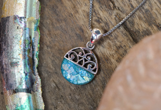 Thumbnail: Roman Glass Pendant - Ancient Roman Glass Silver Jewelry - Israeli Jewelry