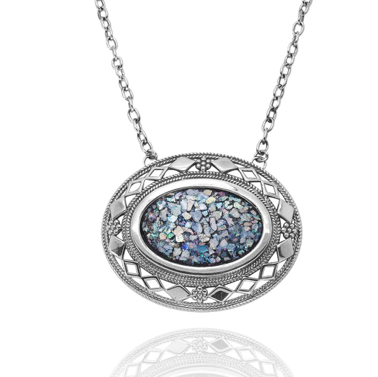 Thumbnail: Roman Glass Silver Necklace - Ancient Roman Glass Jewelry - Israeli Jewelry