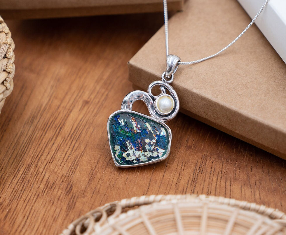 Thumbnail: Handmade Roman Glass Pendant with White Pearl, 925 Sterling Silver Roman Glass