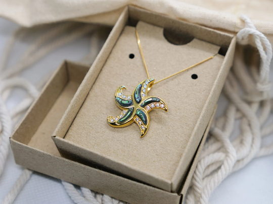 14K Gold Plated Starfish Necklace with Abalone shell and CZ Stones - Handmade