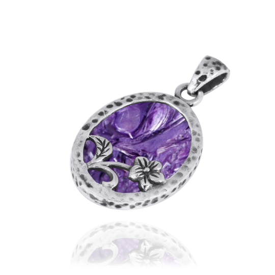 Thumbnail: Charoite Necklace - 925 sterling silver pendant with Charoite Stone - Oval Shape