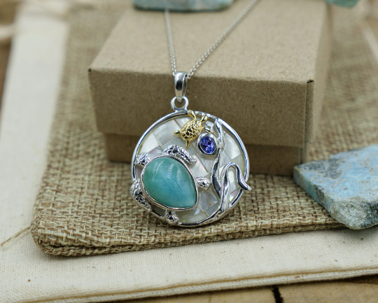Thumbnail: Silver and Gold Larimar Turtle Necklace Seashell Pendant with Sea Turtles
