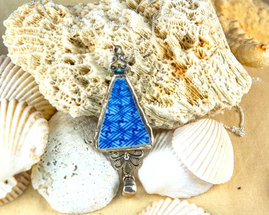 Triangle Shape Original Vintage Japanese Pottery and White Pearl Pendant