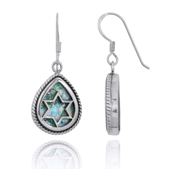 Thumbnail: Star of David Roman Glass Earrings - Ancient Roman Glass Silver Jewelry - Ethnic