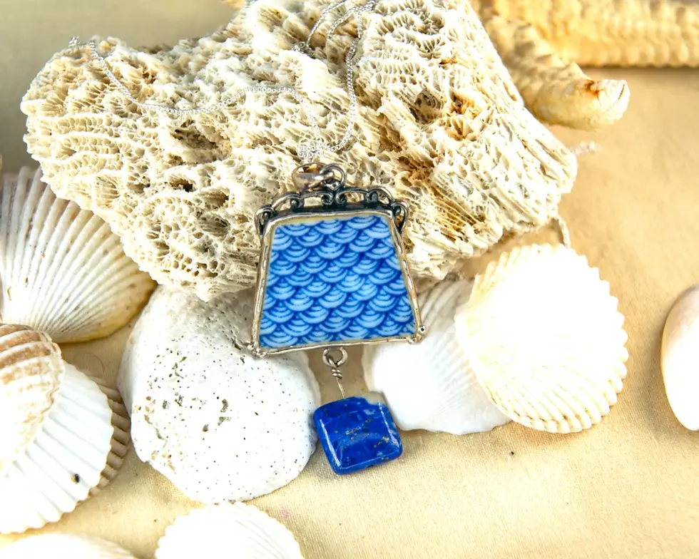 Thumbnail: Original Vintage Japanese Pottery and Lapis Lazuli with Small Square Shape Blue