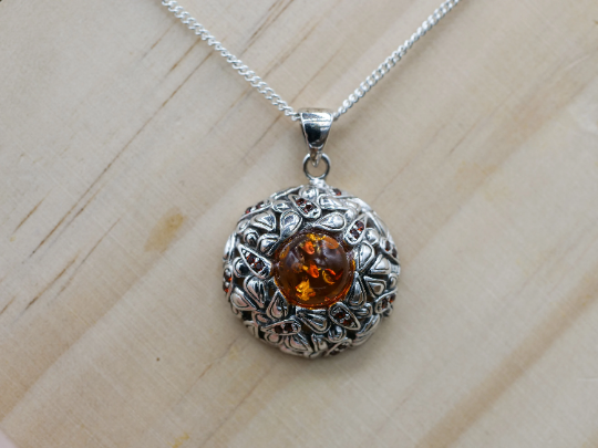 Round Amber Necklace-Sterling Silver Necklace w/ Yellow Amber & Garnet Gemstone
