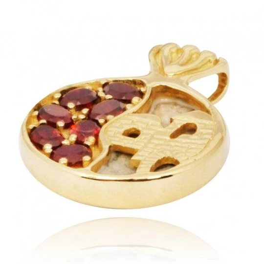 Thumbnail: Elegant 14K Gold Garnet-Filled Pomegranate Pendant with Old City Scene