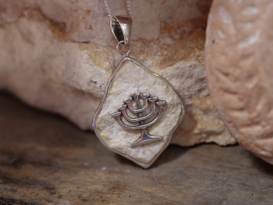 Menorah Necklace- Amazing Sterling Silver Jerusalem Stone Pendant