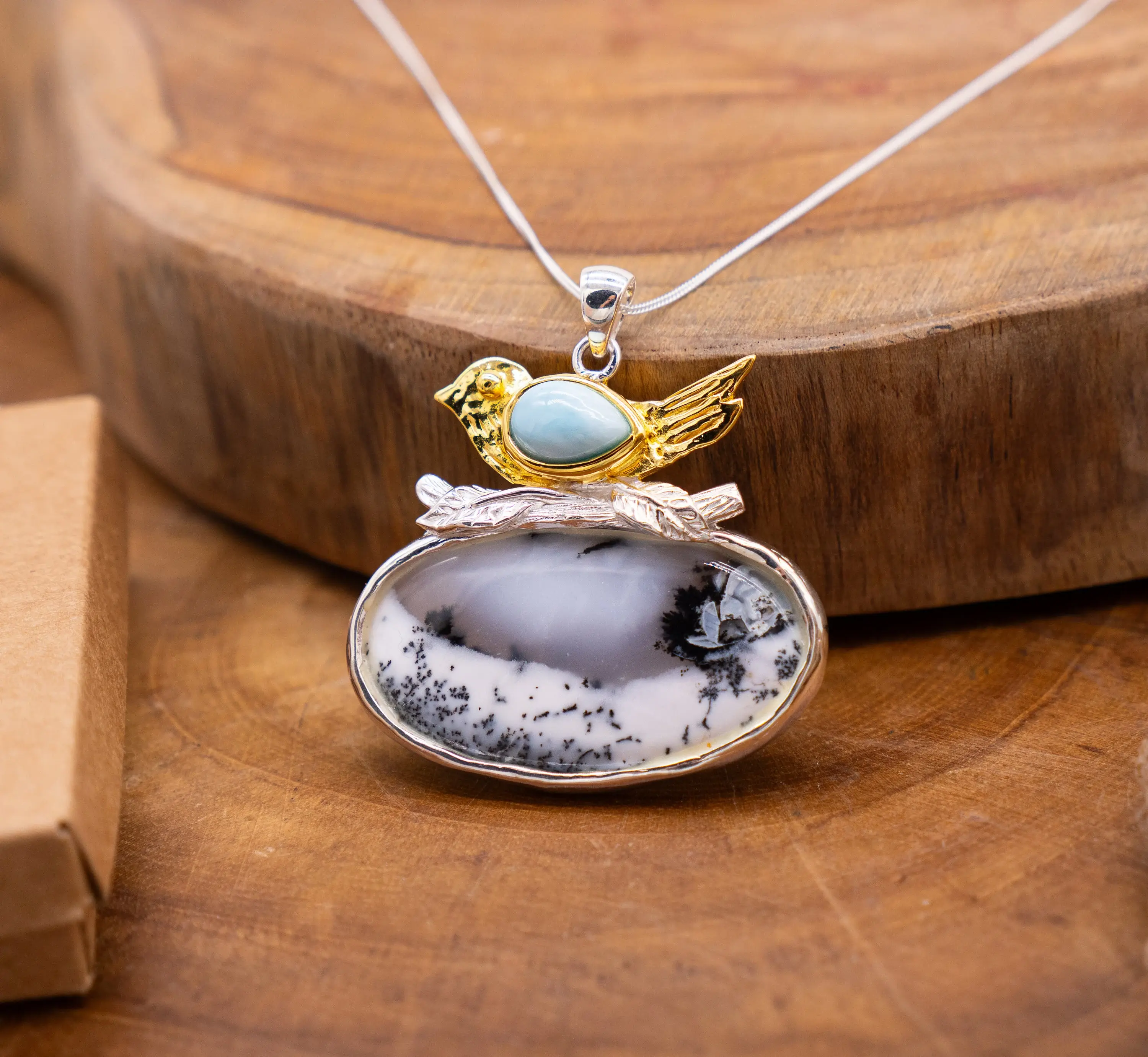 Gold Dove pendant, Silver Handmade Nature Inspired Dendrite Opal and Larimar