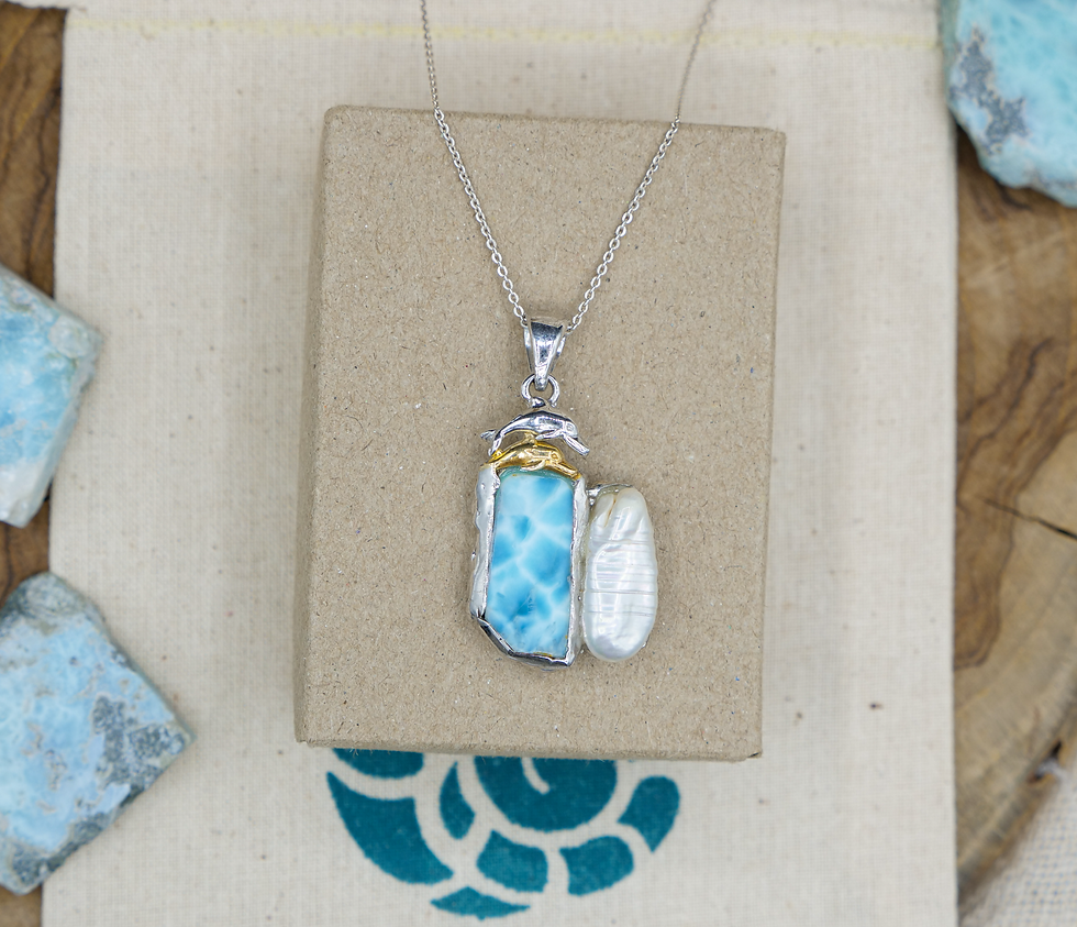 Thumbnail: Dolphin Necklace- Sterling Silver Dolphin in a Larimar Pendant w/ Organic Pearl