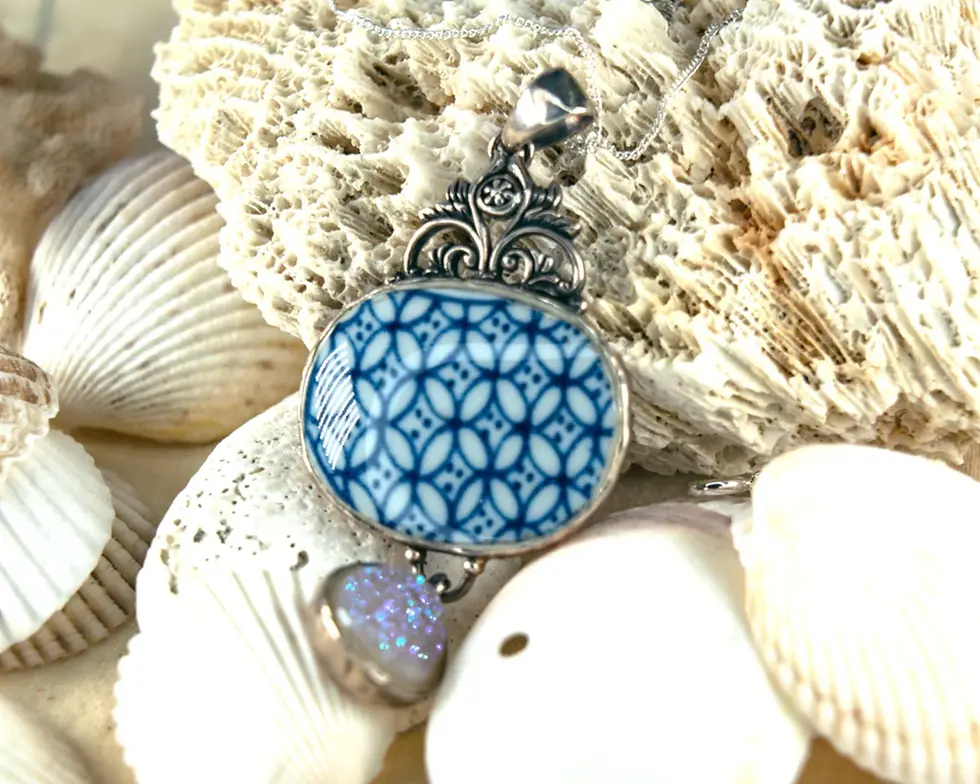 Thumbnail: Oblong Shape Original Vintage Japanese Pottery with Natural Druzy Stone