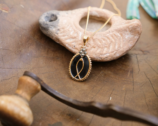 Thumbnail: Judaica Necklace- Messianic Fish Gold Necklace with Black Onyx and Marcasite