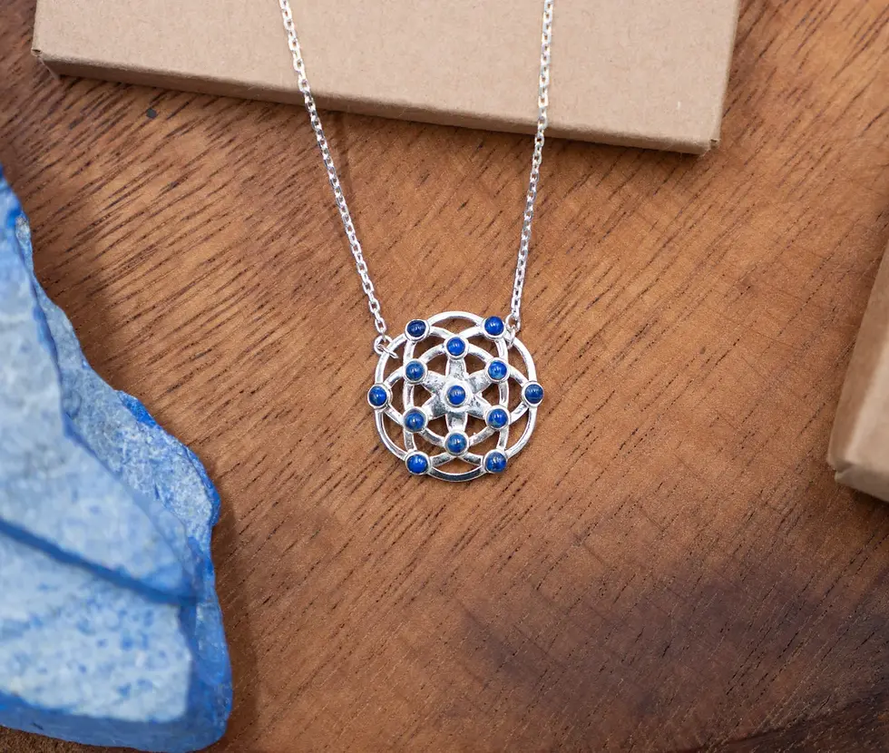 Silver and Lapis Mandala Pendant, Handmade Blue Lapis Lazuli Boho Necklace