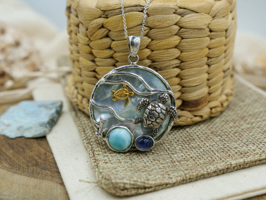 Thumbnail: Seashell Pendant Sea Turtle Necklace Sterling Silver and Gold Turtle Jewelry