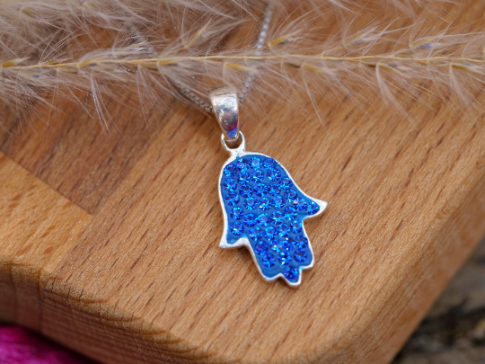 Thumbnail: Classic Hamsa Pendant - 925 Sterling Silver and Blue Crystals - Judaica Jewish