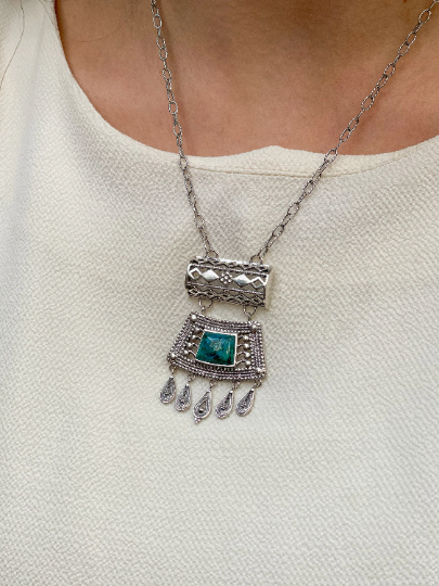 Thumbnail: Silver Ethnic Filigree Necklace - Chrysocolla Tribal Jewelry