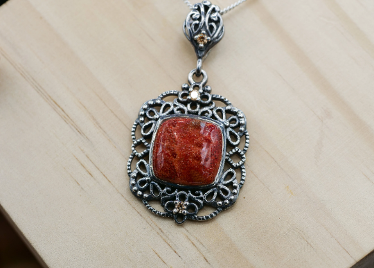 Sponge Coral Necklace- Sterling Silver Sponge Coral Ethnic Style Pendant
