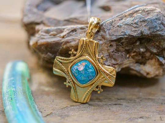 Golden Cross Necklace - Roman Glass Christian Jewelry - Gold Plated