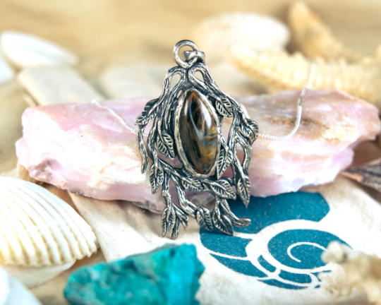 Thumbnail: Leaves Designed Pietersite Pendant-925 Sterling Silver One of a Kind Handmade