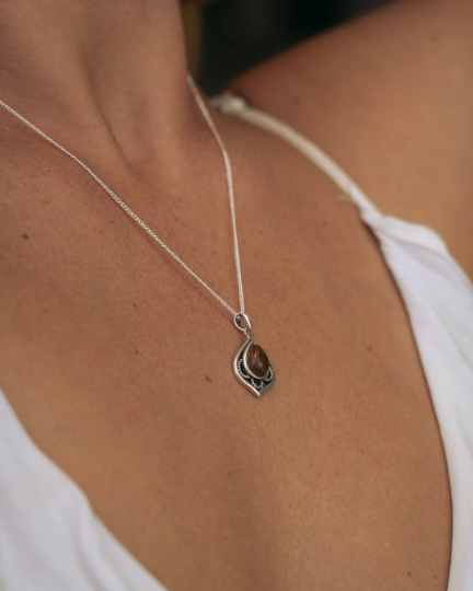 Thumbnail: Tiger Eye Necklace - 925 sterling silver pendant with Tiger Eye Stone-Drop Shape