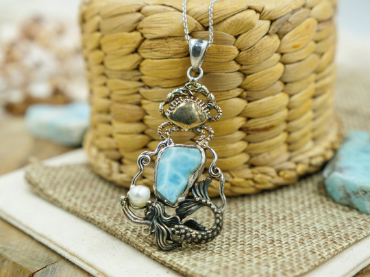 Thumbnail: Mermaid Necklace Silver and Gold Mermaid Pendant with Crab Design One of A Kind