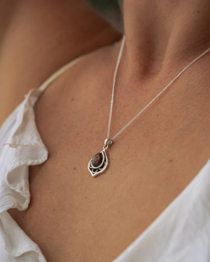 Thumbnail: Tiger Eye Necklace - 925 sterling silver pendant with Tiger Eye Stone-Drop Shape