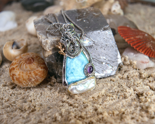 Thumbnail: Larimar Necklace-Sterling Silver Mermaid Necklace in Larimar with White Pearl