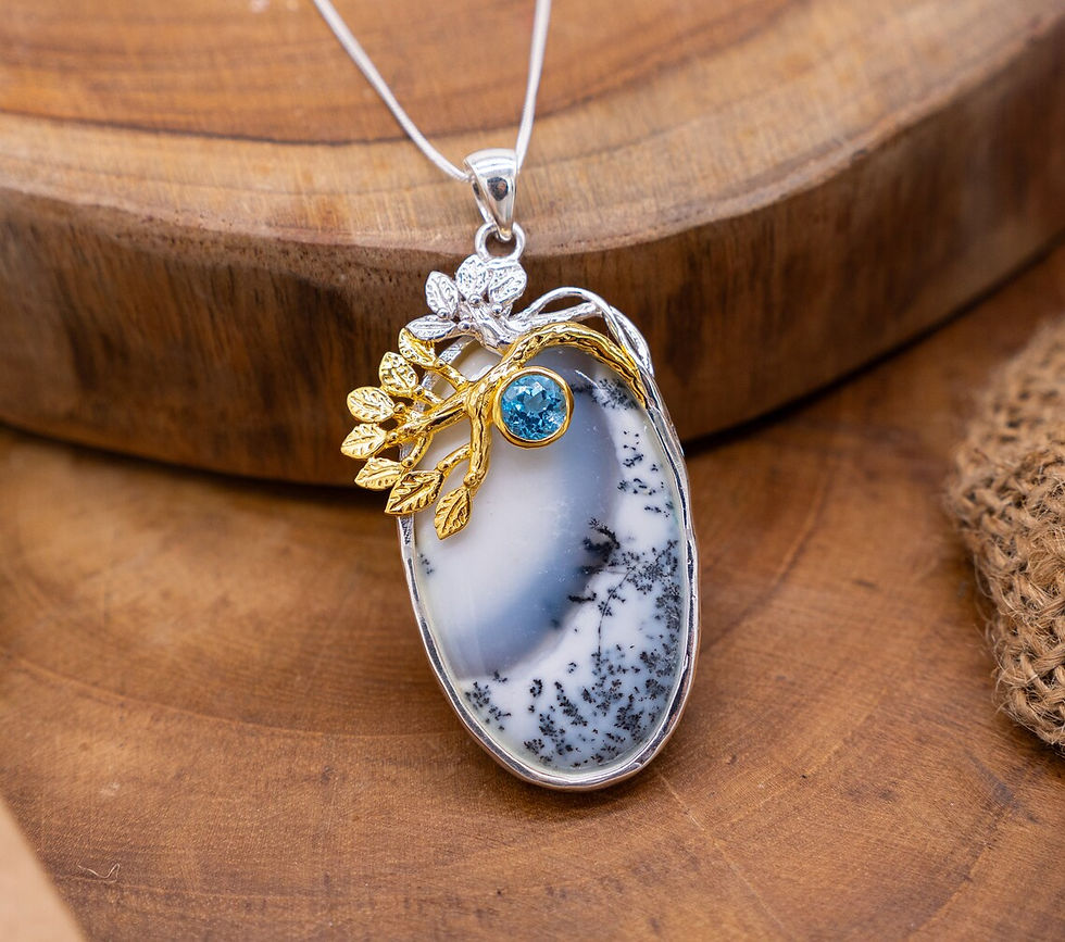 Thumbnail: Dendrite opal Pendant with Blue Topaz Silver and Gold, Nature Inspired silver