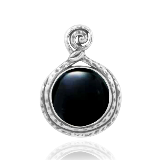 Black Onyx Necklace - 925 sterling silver pendant with Black Onyx Stone -Round