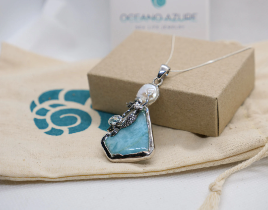 Thumbnail: Mermaid Necklace- Sterling Silver Mermaid Necklace in Larimar with Blue Topaz