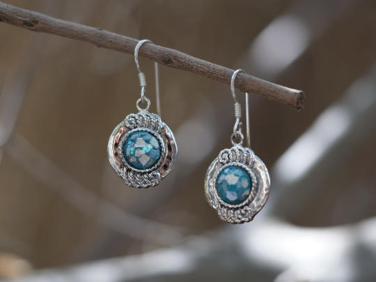 Thumbnail: Roman Glass Earrings - Ancient Roman Glass Silver Jewelry - Israeli Jewelry