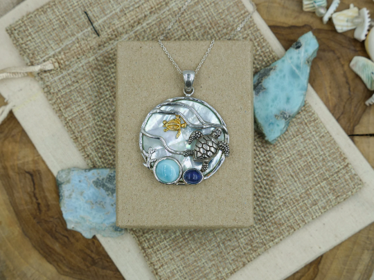 Thumbnail: Seashell Pendant Sea Turtle Necklace Sterling Silver and Gold Turtle Jewelry