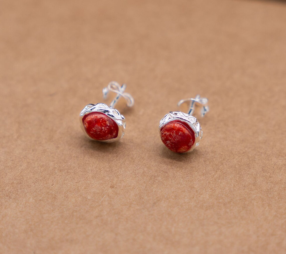 Thumbnail: Red Coral Stud Earrings, Sterling Silver Stud Earrings with Natural Red Sponge