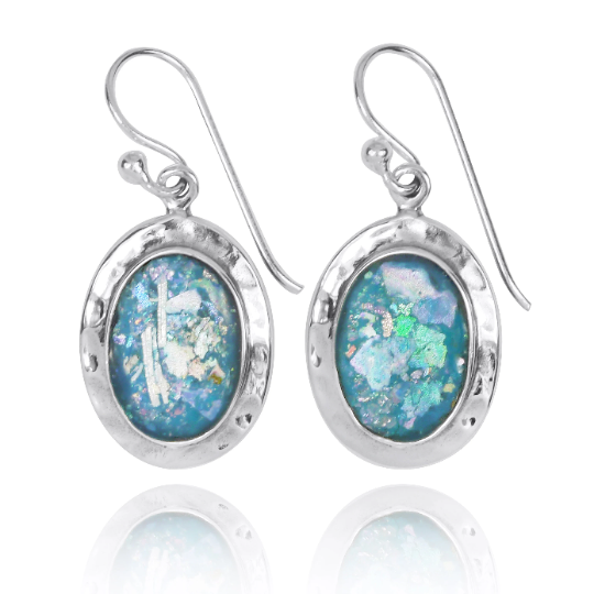 Thumbnail: Silver Oval Roman Glass Earrings - Ancient Roman Glass Jewelry - Israeli Jewelry