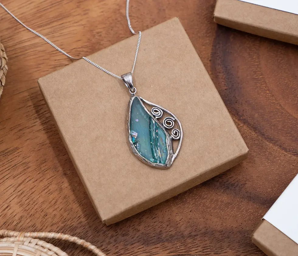 Thumbnail: Silver Leaf Pendant with Roman Glass, 925 sterling silver Roman Glass Necklace