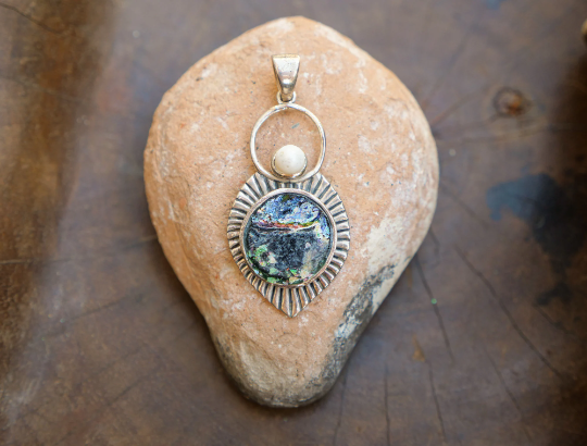 Thumbnail: Roman Glass Pendant with White Pearl, 925 Sterling Silver Necklace with original