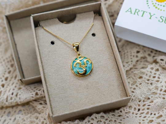 Turquoise OM Necklace - 18K Gold Plated OM Symbol Pendant - Hippie Style - Boho