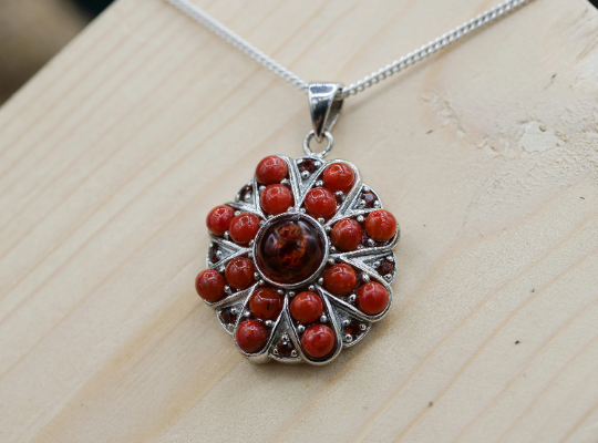 Thumbnail: Sponge Coral Necklace- Sterling Silver Pendant with Amber &Sponge Coral Pieces