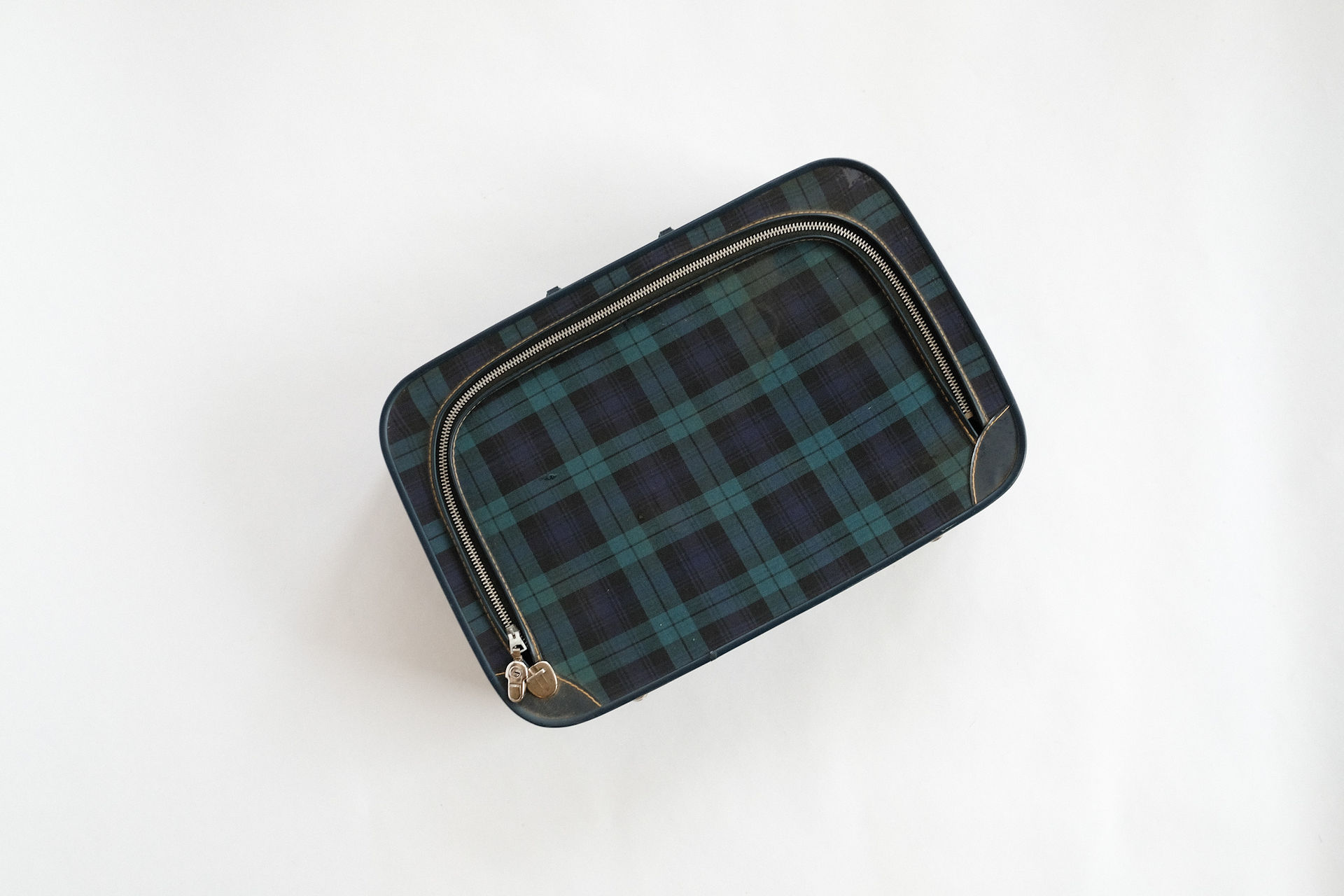 Vintage Blue and Green Plaid Fabric and Vinyl Travel Suitcase