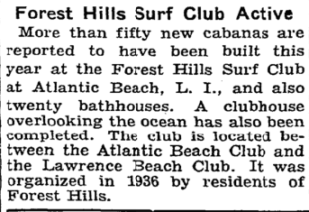 News article announcing the new Forest Hills Surf Club organized in 1936.