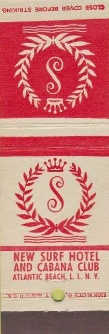 Vintage red and white New Surf Hotel and Cabana Club matchbook | Atlantic Beach, Long Island, New York