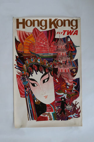 Vintage 1965 Original "Fly TWA" Hong Kong Travel Poster by David Klein for Howard Hughes Trans World Airlines (TWA)