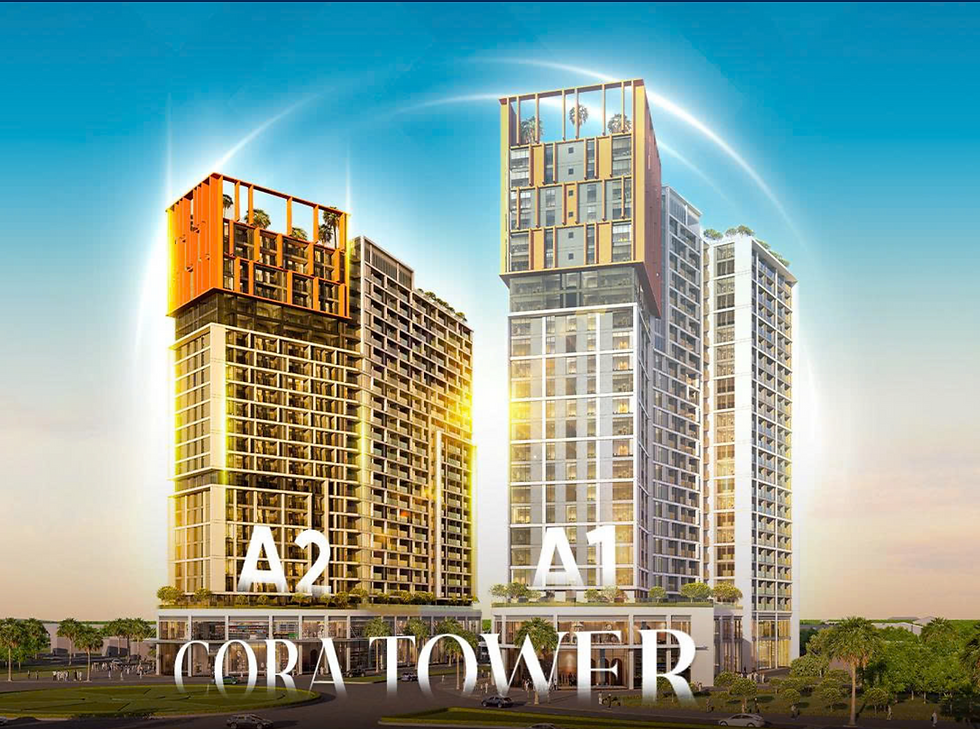 Two modern towers labeled A1 and A2 with glass facades and orange accents rise above a landscaped area. Text reads "CORA TOWER."