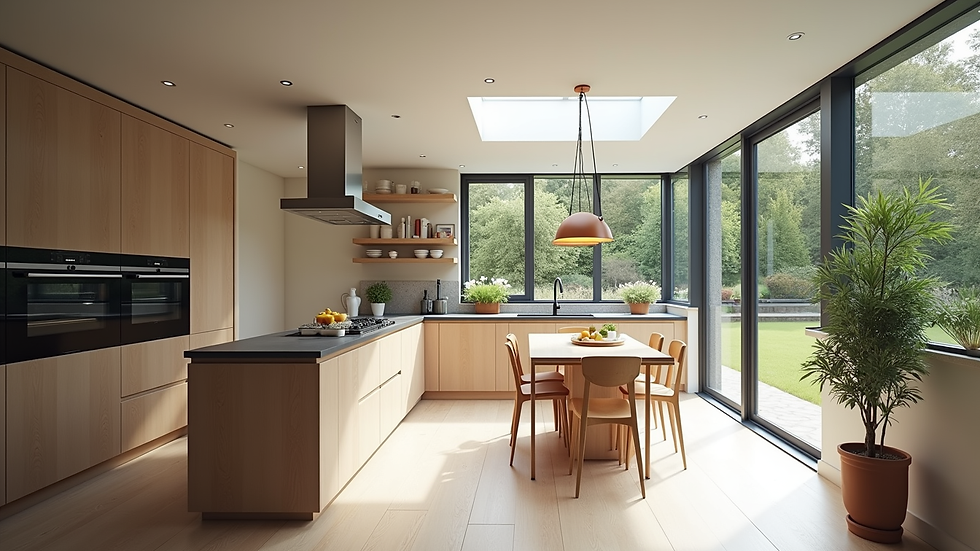High angle view of a spacious kitchen extension with modern appliances and natural light