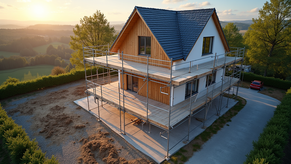 High angle view of a construction site showing house renovation with scaffolding
