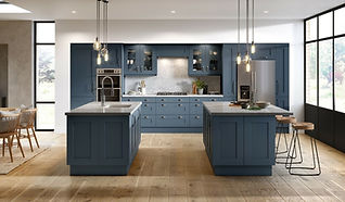 Stunning blue kitchen design with two islands